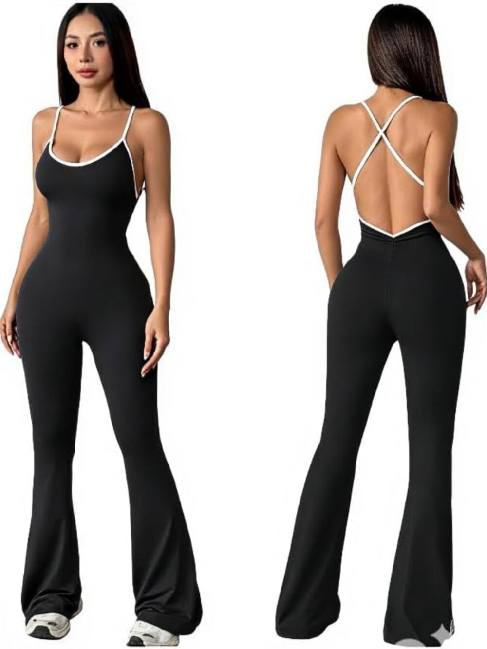 Ribbed Flare Leg Jumpsuit for Women - Backless Wide Leg One-Piece Bodysuit